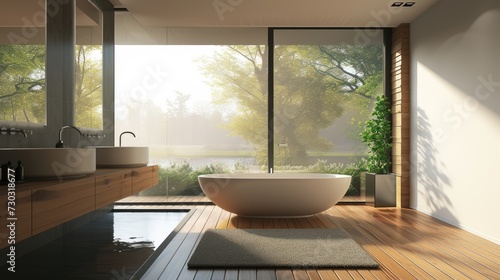 Luxurious minimalistic bathroom bathed in natural light from a window. © pvl0707