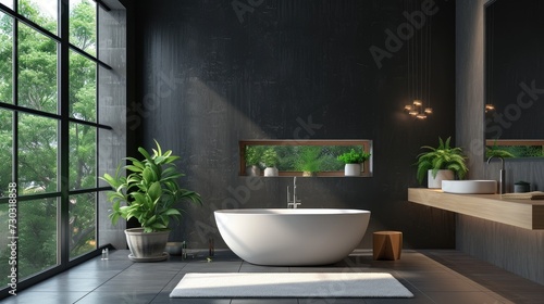 Luxurious minimalistic bathroom bathed in natural light from a window.