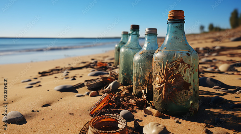 jeter une bouteille à la mer afin d'envoyer un message à un inconnu - obrazy, fototapety, plakaty 