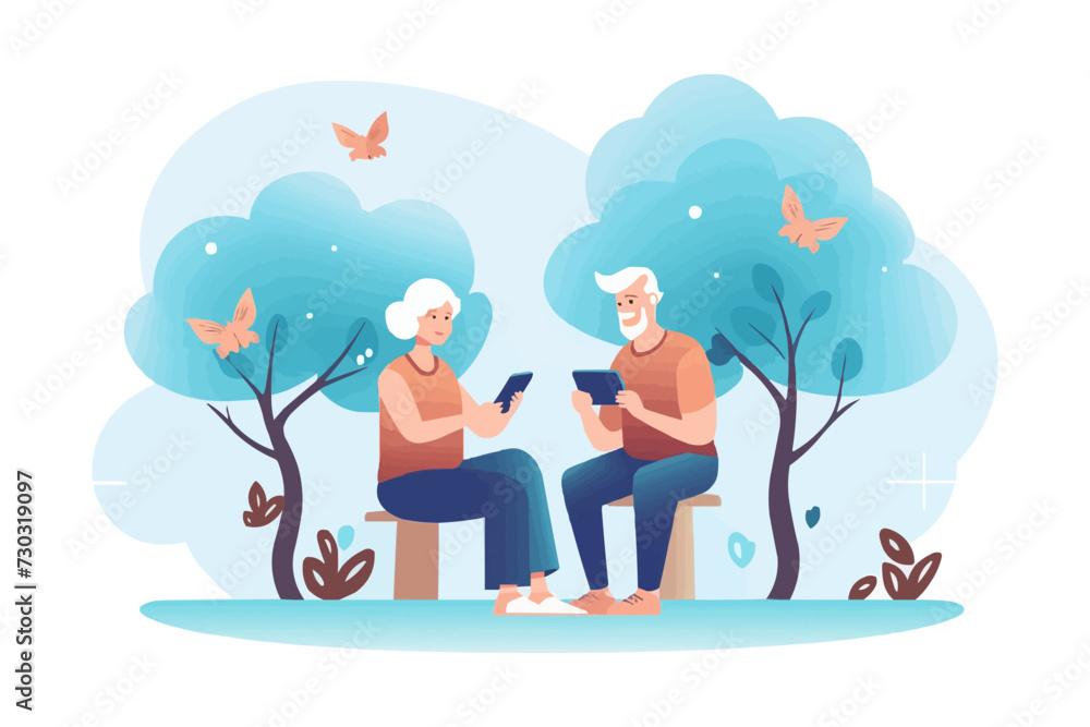 old couple looking at smartphone vector flat isolated illustration old couple looking at smartphone vector flat isolated illustration