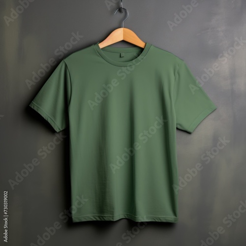 Green t shirt is seen against a gray wall
