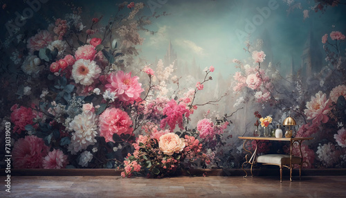 A photo of a room with a large wall art with flowers on it, in the style of mysterious backdrops, rococo pastel, poetic naturalism, realistic still lifes with dramatic lighting, light cyan, and pink.