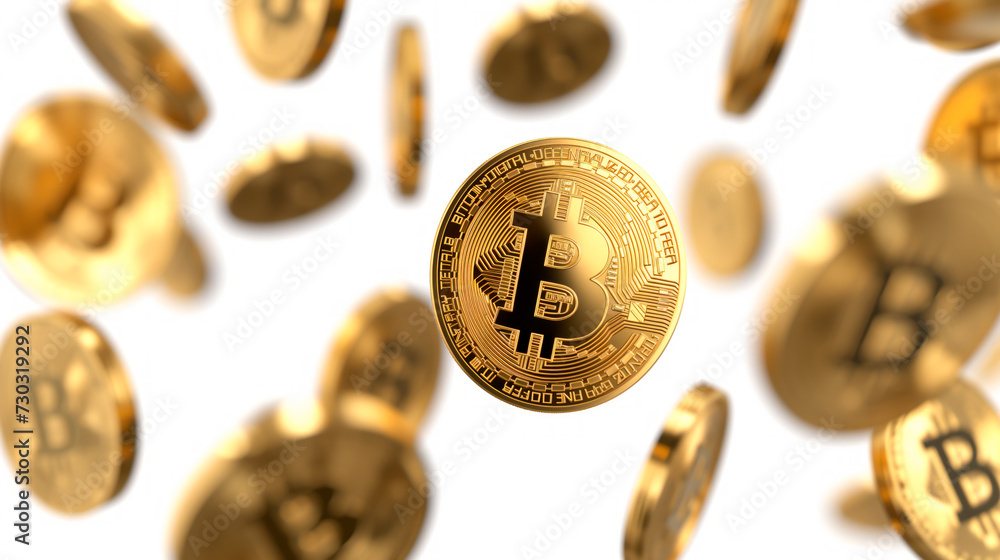 Shimmering gold Bitcoin coins in mid-air on white background, symbolizing cryptocurrency boom.
Shimmering gold Bitcoin coins in mid-air on white background, symbolizing cryptocurrency boom.