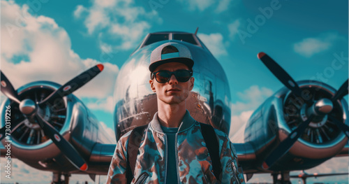 A man stands confidently in front of a large airplane, ready for his journey.