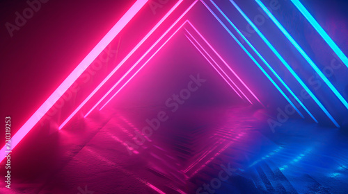 Vibrant neon lights forming triangular shapes with a futuristic tunnel effect.