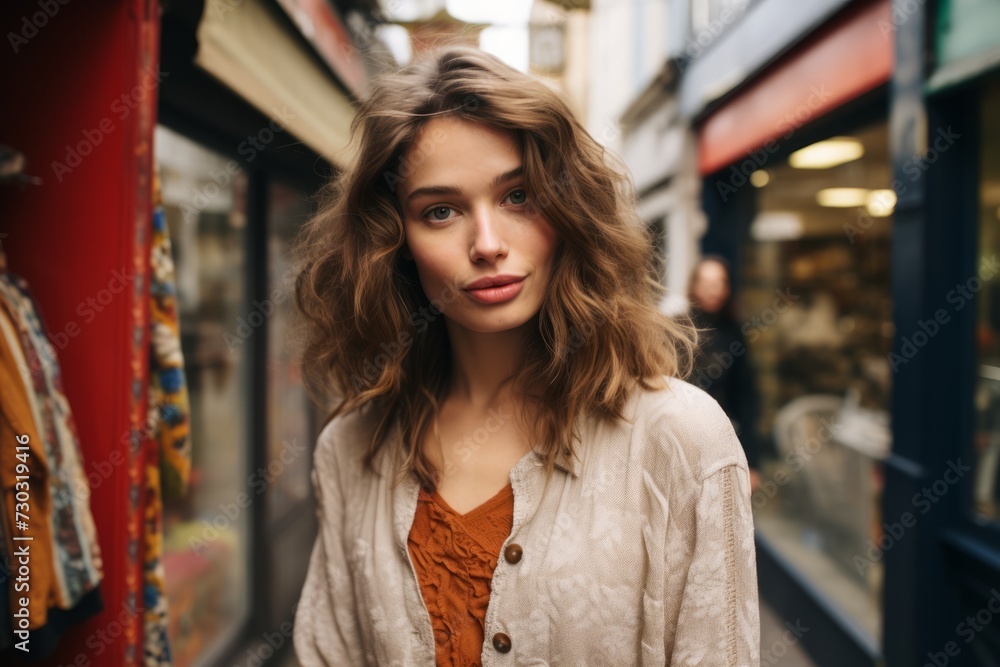 Portrait of a beautiful young woman with curly hair, standing in the street.