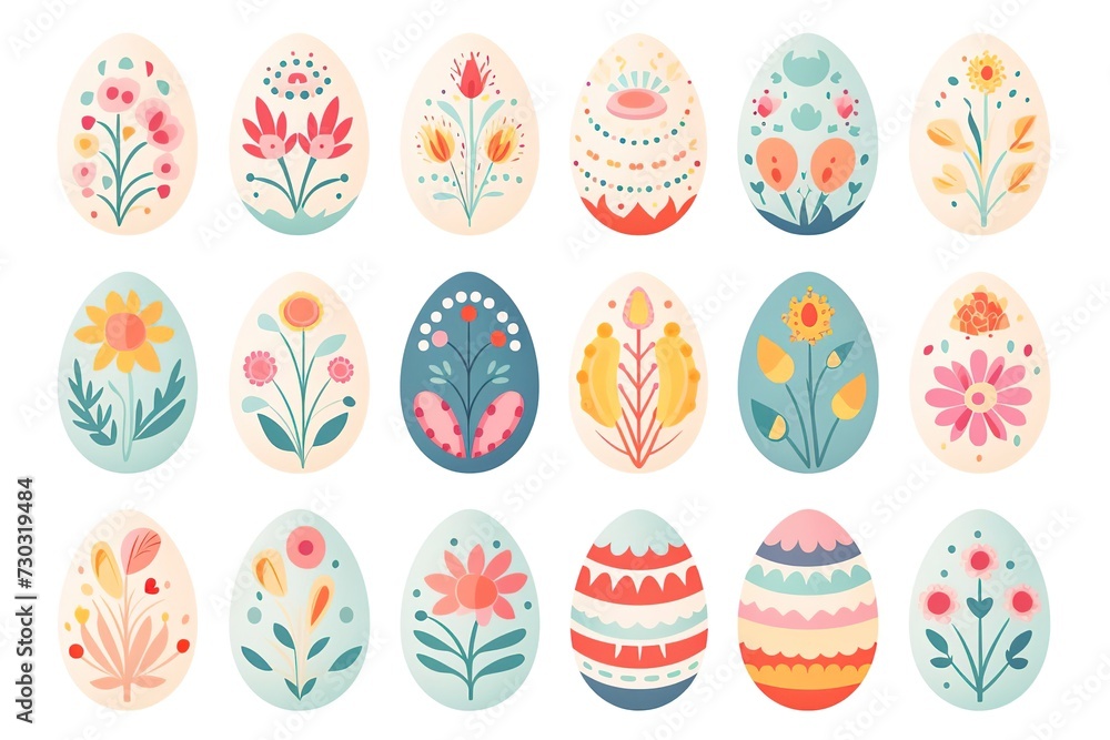 set of Pastel Easter egg assortment with playful nature floral patterns, spring holiday themes and craft inspiration