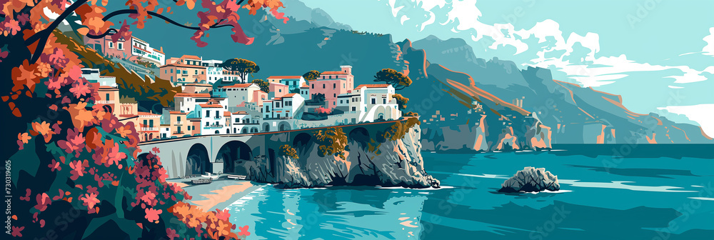 Iconic Amalfi Coast Vista: Stylized Illustration of Cliffside Villages against Azure Seas Ideal for Travel Posters and Mediterranean Themes - obrazy, fototapety, plakaty 