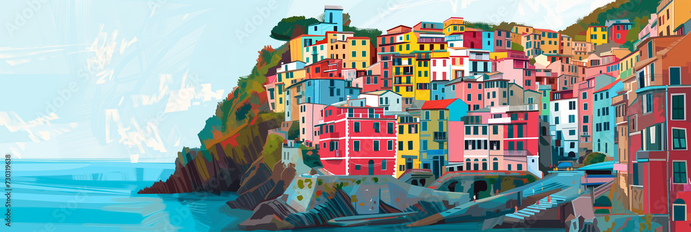 Vibrant Facades of Cinque Terre: A Stylized Panorama Celebrating the Unique Charm of Italian Coastal Villages