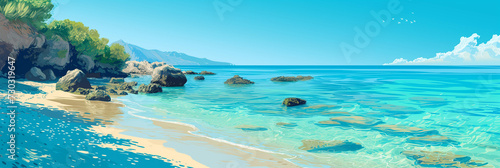 Crystal-Clear Waters and Rocky Shores: A Stylized Illustration Embracing the Pristine Beauty of a Secluded Mediterranean Cove