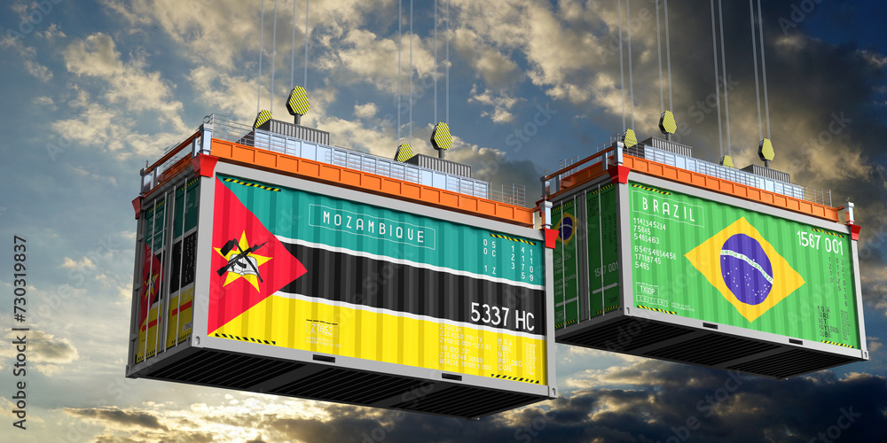 Shipping containers with flags of Mozambique and Brazil - 3D