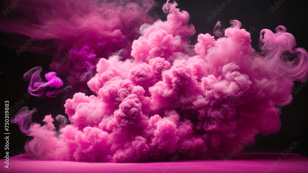 Fototapeta premium Beautiful pink bright smoke spreading across the floor. Elegant scene, textured clouds of fog on a dark background.