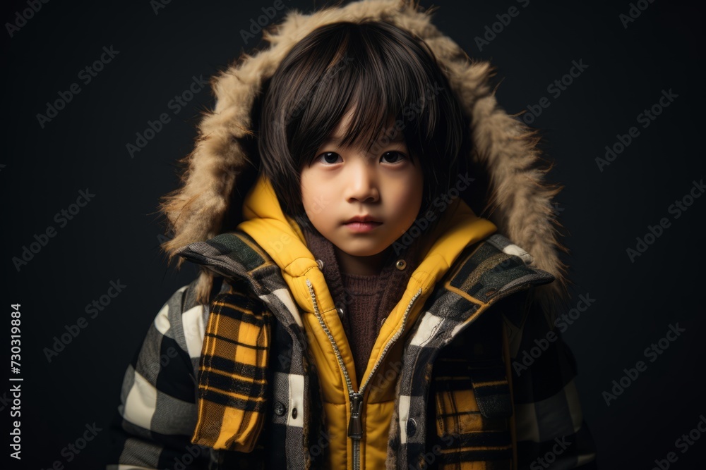 portrait of little asian boy in warm winter clothes on black background portrait of little asian boy in warm winter clothes on black background