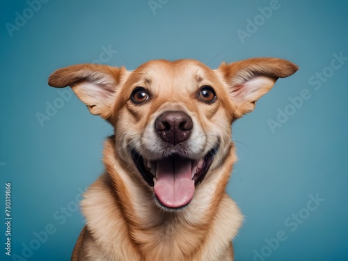 Joyful Canine Companion: Smiling Pet Dog Poses for the Camera with a Playful Tongue Out, Isolated on a Blue Background