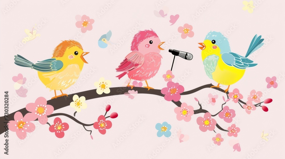cute birds i with microphone on the tree singing songs.,spring concept