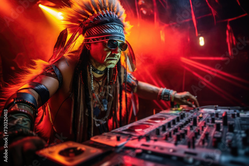 A man wearing a traditional Native American headdress is seen actively mixing music.
