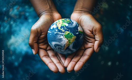 Hands holding a miniature Earth on a blue background.