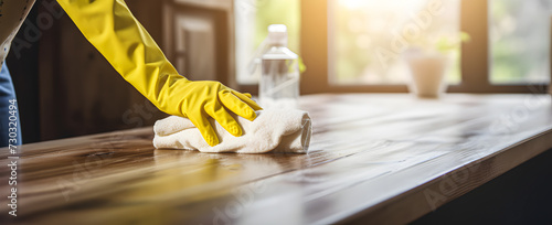 A woman wearing rubber gloves is dusting. photo