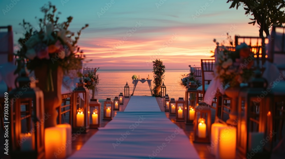 Romantic coastal wedding with lamps aglow, embracing the seaside magic