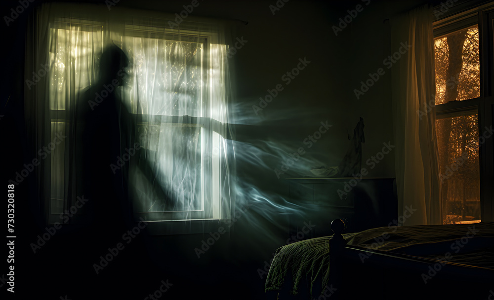 The blurry silhouette of a ghost in a bedroom, at night. The blurry silhouette of a ghost in a bedroom, at night.