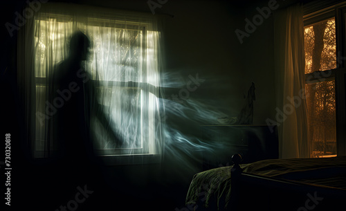 The blurry silhouette of a ghost in a bedroom, at night.