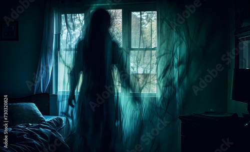 The blurry silhouette of a ghost in a bedroom, at night.