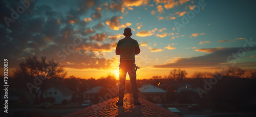 A panoramic, wide angle image of a silhouetted roofer with his arms crossed standing proudly atop the rooftop of a house, the sun glows with a golden color on the horizon