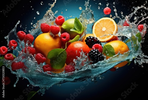 Water splashes and fresh fruit float aesthetically against an elegant background of health, vegetarian, diet, nutrition, fitness and athlete food concepts. Generative Ai