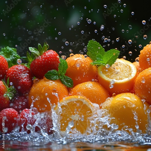 Water splashes and fresh fruit float aesthetically against an elegant background of health, vegetarian, diet, nutrition, fitness and athlete food concepts. Generative Ai