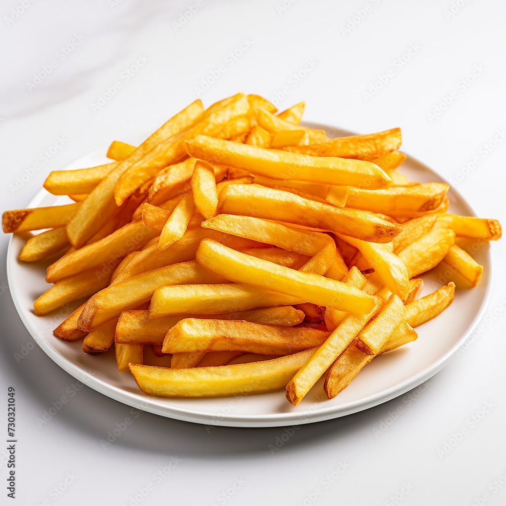 A plate of golden crispy French fries with each fry glistening in the soft lighting. Ai generated A plate of golden crispy French fries with each fry glistening in the soft lighting. Ai generated