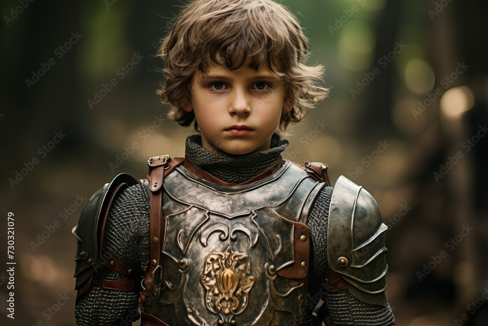 Armored Medieval child knight. Costume game. Generate Ai