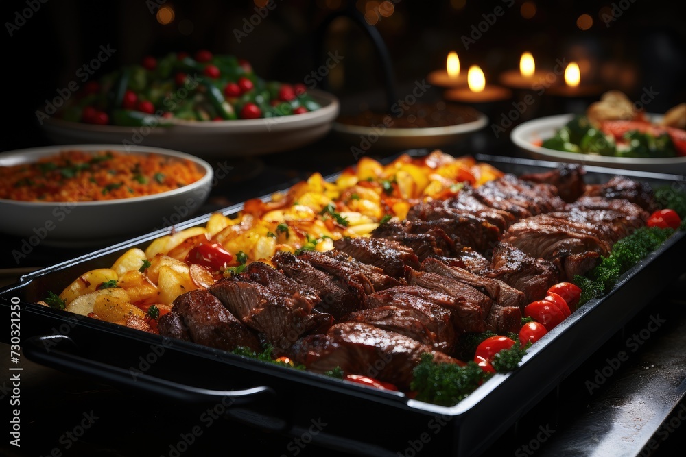 Catering buffet food indoor in restaurant with grilled meat. buffet, banquet served food in the hotel, celebration, meal