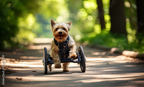 A disabled dog in a wheelchair, walking. © lutsenko_k_