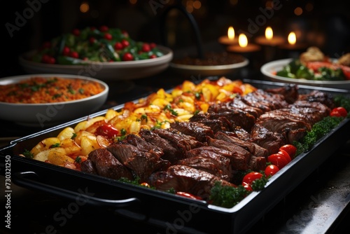 Catering buffet food indoor in restaurant with grilled meat. buffet, banquet served food in the hotel, celebration, meal