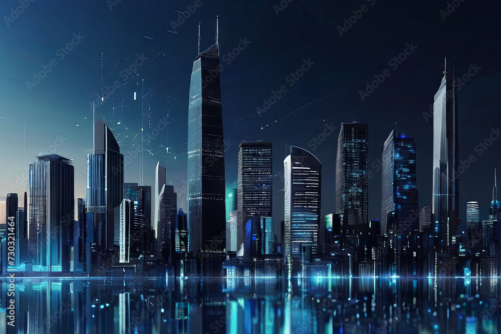 Dynamic city data: Blue digital background with city skyline and data points. Perfect for tech and urban-themed projects. 