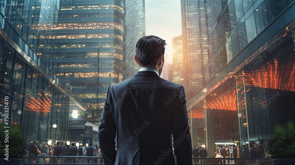 Back of businessman in suit with business office glass a modern buildings background for economic market stock investment Back of businessman in suit with business office glass a modern buildings background for economic market stock investment