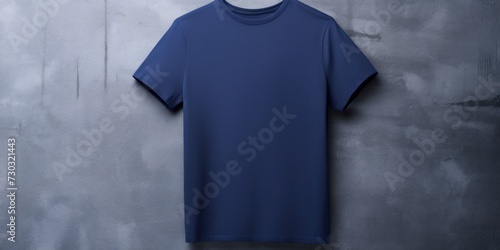 Indigo t shirt is seen against a gray wall