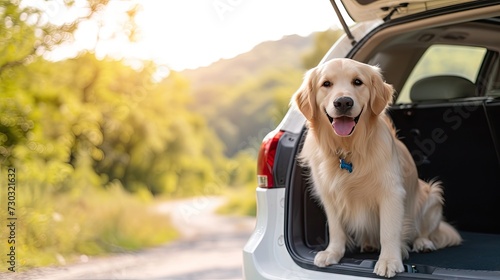 Joyful journey: Friendly retriever enjoys the ride in a white car's trunk.