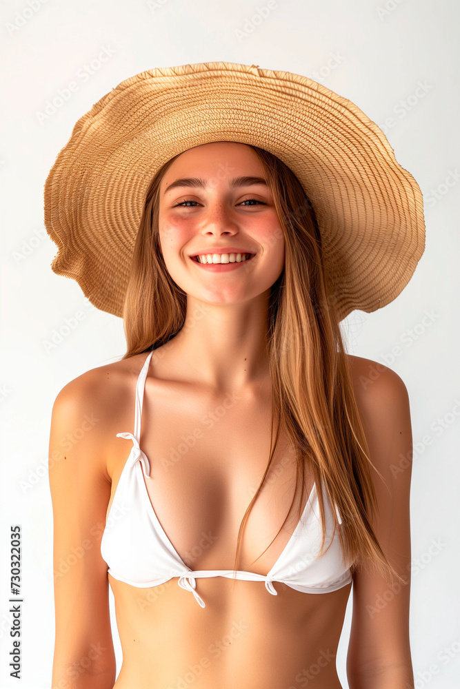 Portrait, smile and woman in bikini for summer travel, vacation or holiday isolated on white background. Aesthetic, wellness and body of happy or confident young model in studio for beach fashion Portrait, smile and woman in bikini for summer travel, vacation or holiday isolated on white background. Aesthetic, wellness and body of happy or confident young model in studio for beach fashion