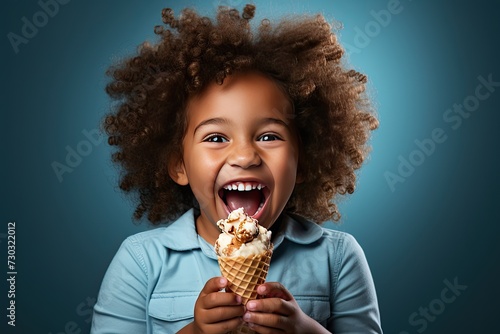cute little girl eating vanilla ice cream in a waffle cone on blue background. copy space for text