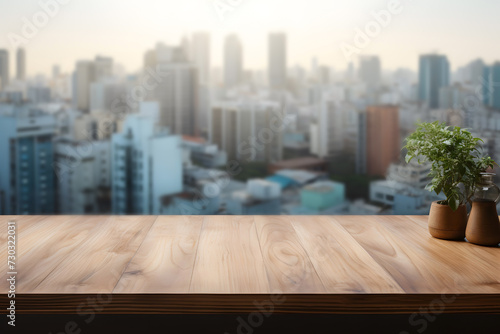 Empty Tabletop with Urban View Blur Background