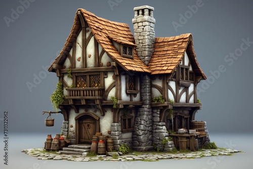 Antique Medieval house isometric illustration. Village town. Generate Ai
