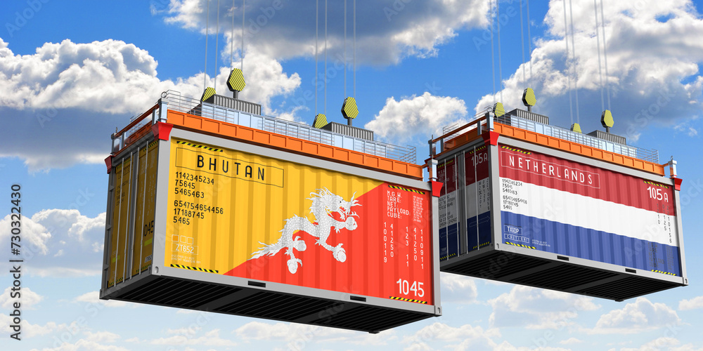 Shipping containers with flags of Bhutan and Netherlands - 3D illustration