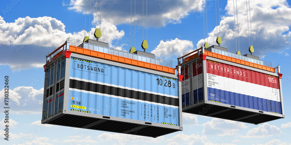 Shipping containers with flags of Botswana and Netherlands - 3D illustration