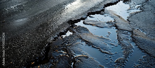 Oil spills contaminate wet asphalt, highlighting environmental pollution.