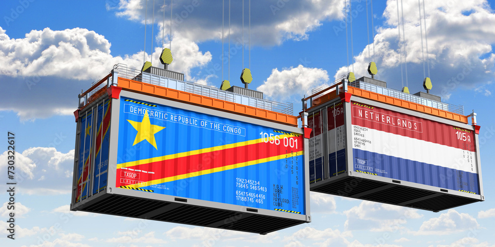 Shipping containers with flags of Democratic Republic of the Congo and Netherlands - 3D illustration