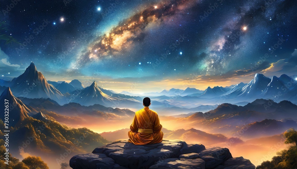 Buddhist in front of epic landscape, meditating, colorful sky, universe with stars and galaxies