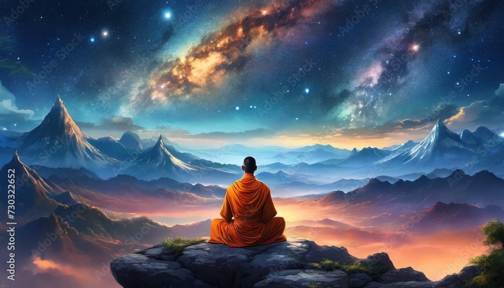 Buddhist in front of epic landscape, meditating, colorful sky, universe with stars and galaxies