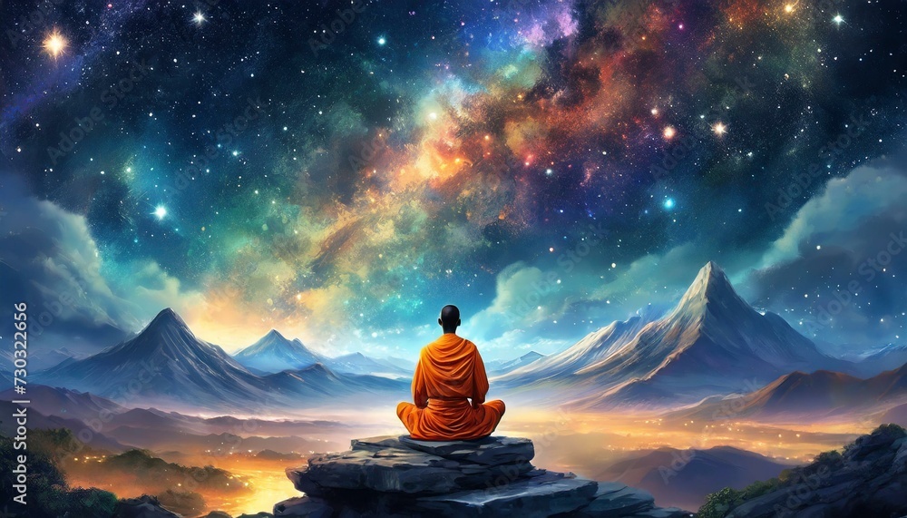 Buddhist in front of epic landscape, meditating, colorful sky, universe with stars and galaxies