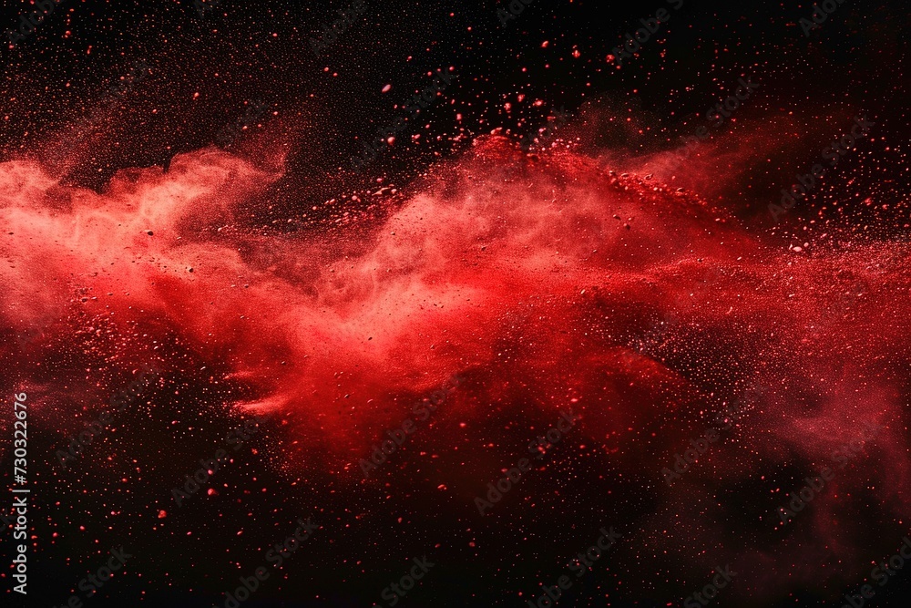 Abstract explosion of red dust on black background. Abstract red powder splatter on dark background. Freeze motion of red powder splash. - obrazy, fototapety, plakaty 